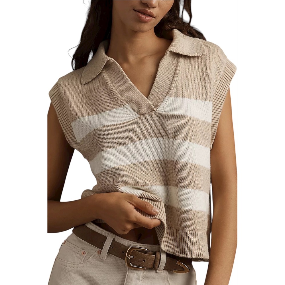 Velvet by Graham & Spencer Mariette Cotton Cashmere Ivory Tan Sweater Vest M